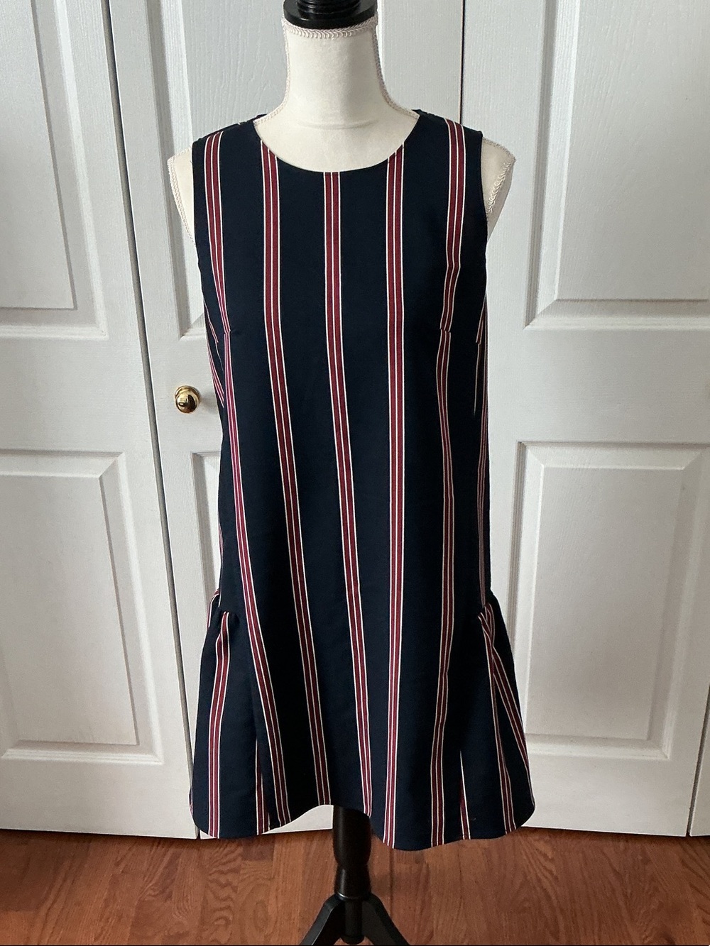 Halogen Navy Sleeveless Shift Dress with Red and White Stripes